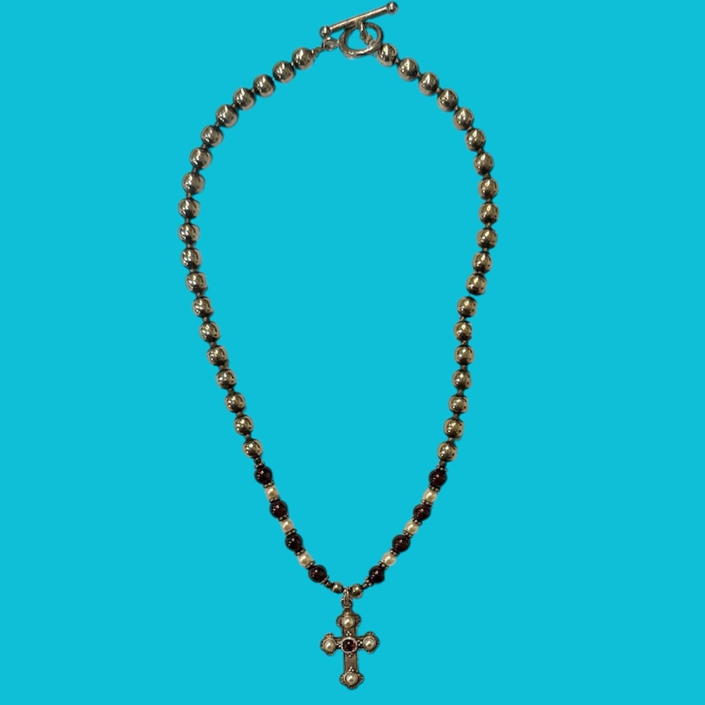 925 Silver Beaded Red‎ Glass Beads Cross Necklace Pendant 925